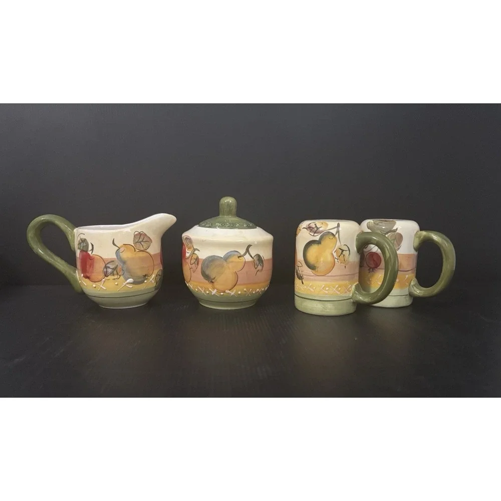 Gibson Fruit Creamer Sugar/Lid Salt and Pepper Shakers Green Handle Farmhouse